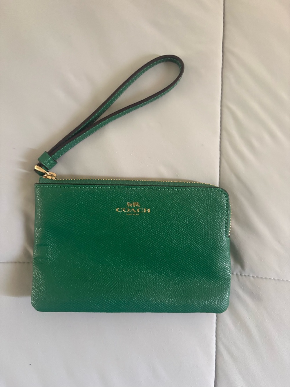 Coach Green Leather Zip Wristlet with Gold Logo